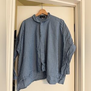 Eskandar Size(1) BLUE WHITE DOUBLE PINSTRIPE Cotton 30" Long Collar Shirt